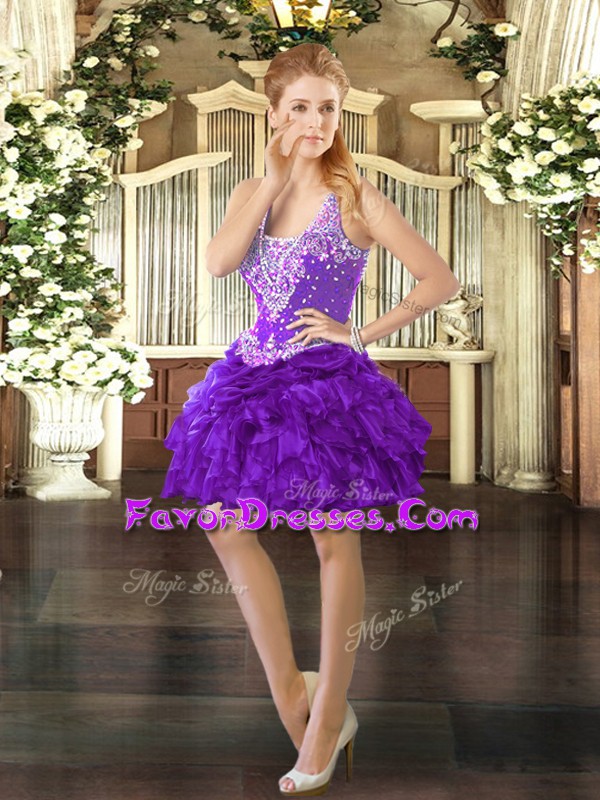 Captivating Ball Gowns Homecoming Dress Online Purple Straps Organza Sleeveless Mini Length Lace Up
