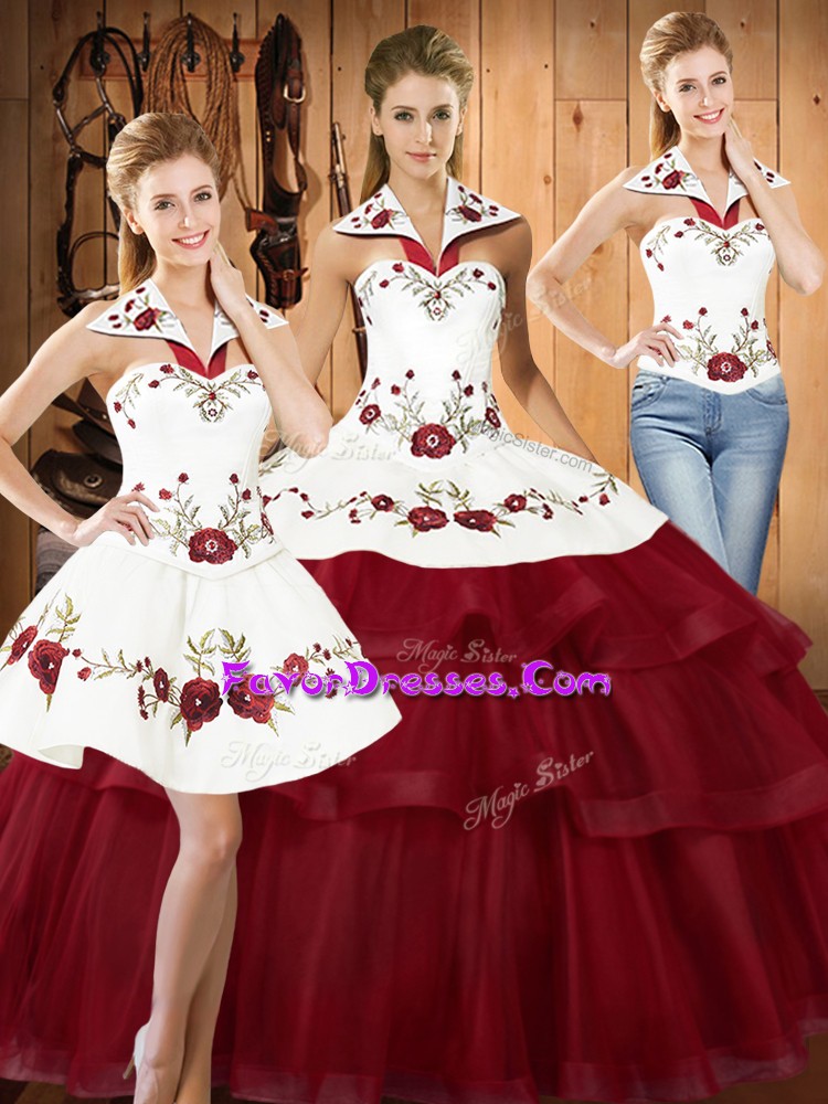  Wine Red Three Pieces Embroidery and Ruffled Layers 15 Quinceanera Dress Lace Up Satin and Organza Sleeveless With Train