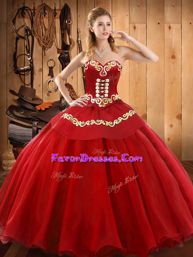 Flare Ball Gowns Vestidos de Quinceanera Red Sweetheart Tulle Sleeveless Floor Length Lace Up