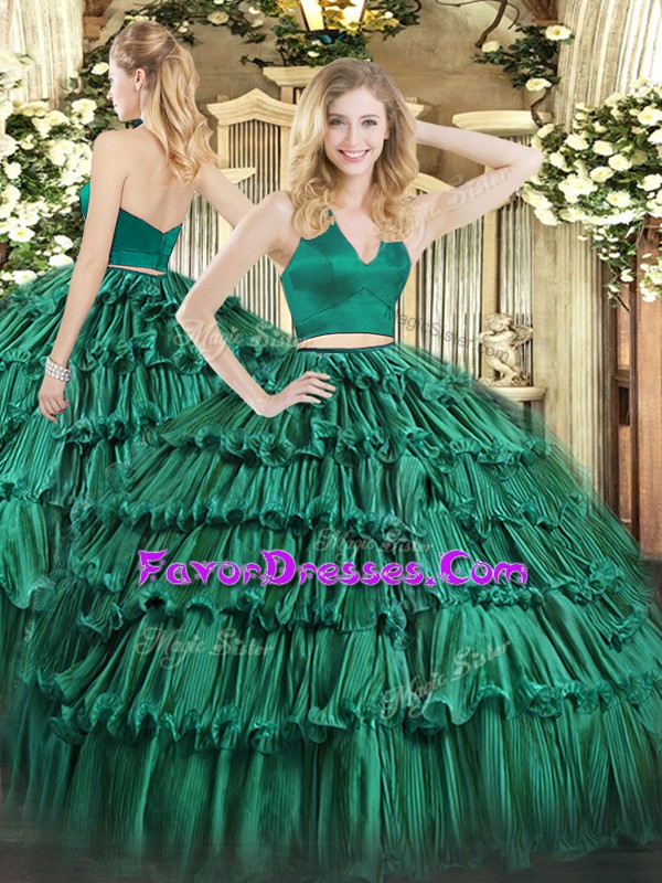 New Style Floor Length Dark Green Ball Gown Prom Dress Halter Top Sleeveless Zipper