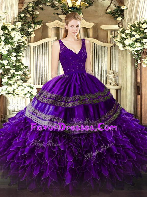 Dramatic V-neck Sleeveless Quinceanera Gown Floor Length Beading and Lace and Ruffles Purple Organza