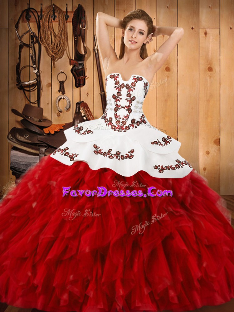 Fashionable Floor Length Wine Red 15 Quinceanera Dress Satin and Organza Sleeveless Embroidery and Ruffles