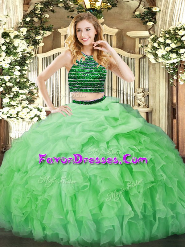  Apple Green Sleeveless Floor Length Beading and Ruffles Zipper Quinceanera Gown