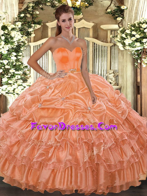 Adorable Orange Ball Gowns Organza Sweetheart Sleeveless Beading and Ruffled Layers Floor Length Lace Up Sweet 16 Quinceanera Dress