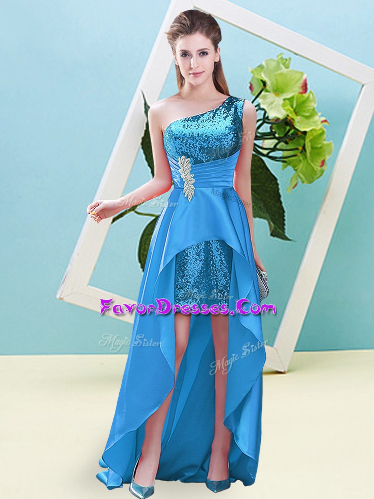  Baby Blue Sleeveless Elastic Woven Satin and Sequined Lace Up for Prom and Party