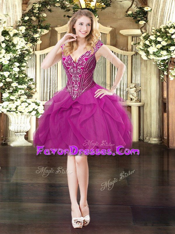 On Sale V-neck Sleeveless Lace Up Prom Party Dress Fuchsia Tulle
