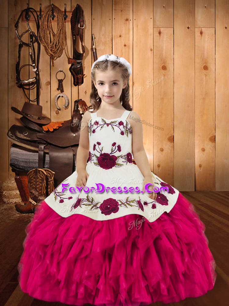 Customized Floor Length Lace Up Pageant Dress Womens Fuchsia for Sweet 16 and Quinceanera with Embroidery and Ruffles