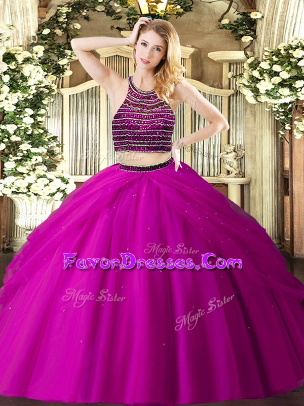  Fuchsia Ball Gowns Beading and Ruching Vestidos de Quinceanera Zipper Tulle Sleeveless Floor Length