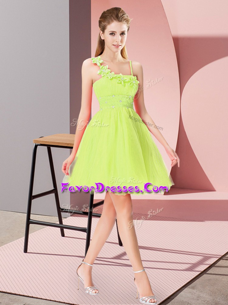  Yellow Green Empire Asymmetric Sleeveless Organza Mini Length Zipper Beading and Hand Made Flower Homecoming Dress
