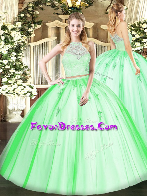 Deluxe Scoop Sleeveless Ball Gown Prom Dress Floor Length Lace and Appliques Tulle