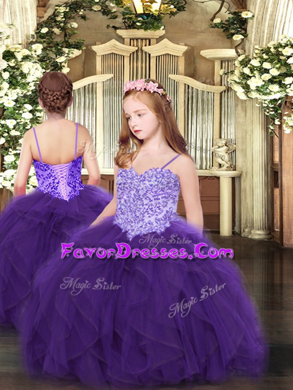  Purple Ball Gowns Spaghetti Straps Sleeveless Tulle Floor Length Lace Up Appliques and Ruffles Little Girls Pageant Dress Wholesale