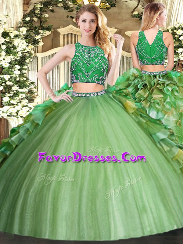 Pretty Olive Green Tulle Zipper Sweet 16 Dress Sleeveless Floor Length Beading and Ruffles