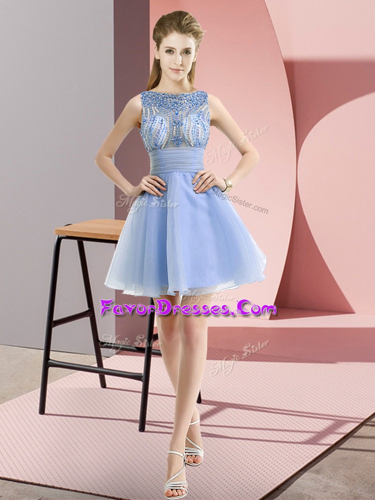 Best Selling Lavender Chiffon Zipper Prom Gown Sleeveless Mini Length Beading and Bowknot