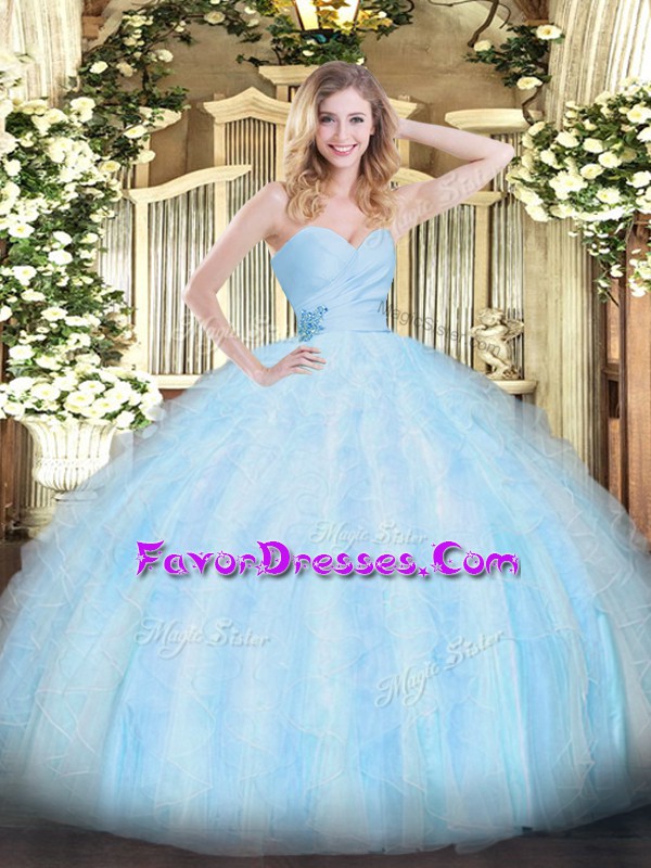  Sleeveless Floor Length Beading and Ruffles Lace Up Sweet 16 Quinceanera Dress with Light Blue