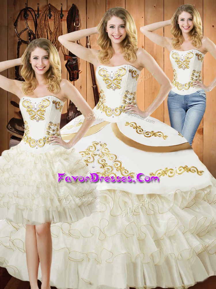 Luxurious White Sleeveless Embroidery and Ruffled Layers Floor Length 15 Quinceanera Dress