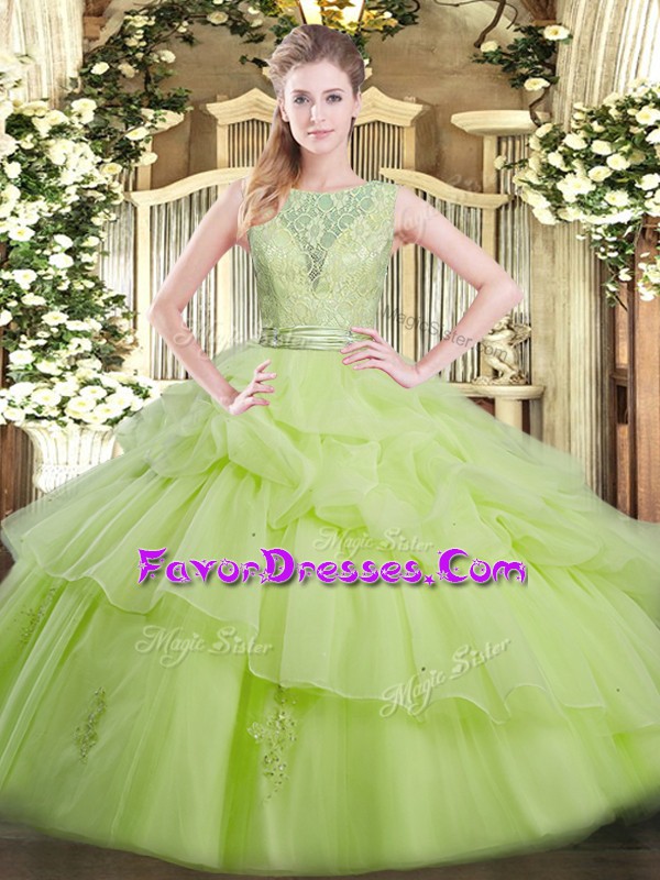  Yellow Green Backless Ball Gown Prom Dress Beading and Ruffled Layers Sleeveless Floor Length