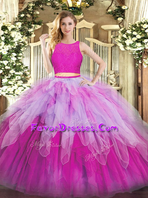 Fancy Fuchsia Sleeveless Lace and Ruffles Floor Length Ball Gown Prom Dress