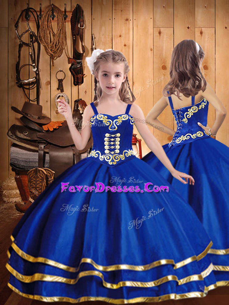  Royal Blue Lace Up Straps Embroidery and Ruffled Layers Pageant Dress Organza Sleeveless