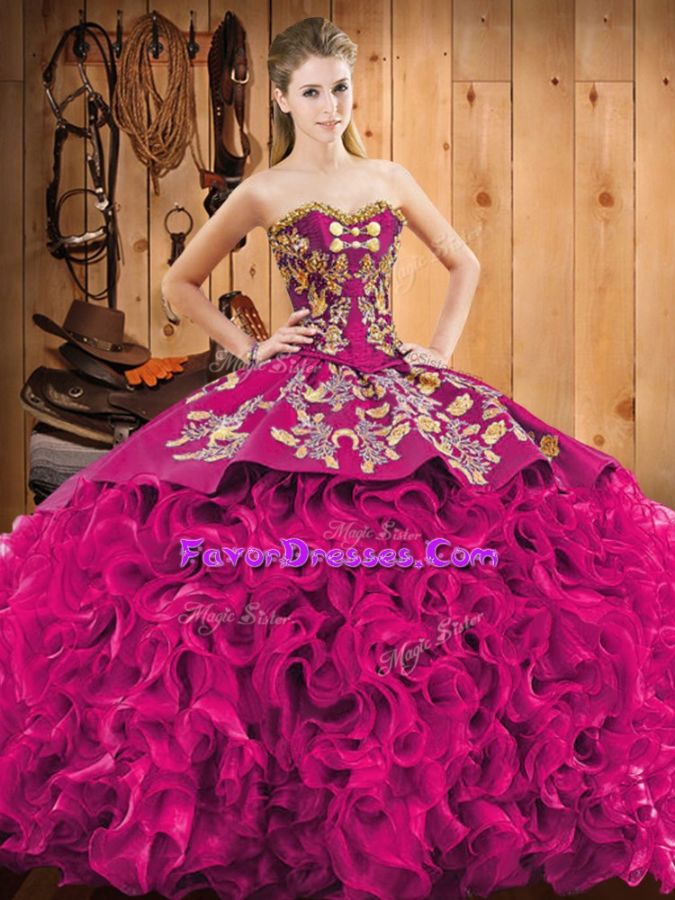 Colorful Fuchsia Sleeveless Fabric With Rolling Flowers Court Train Lace Up Quince Ball Gowns for Military Ball and Sweet 16 and Quinceanera