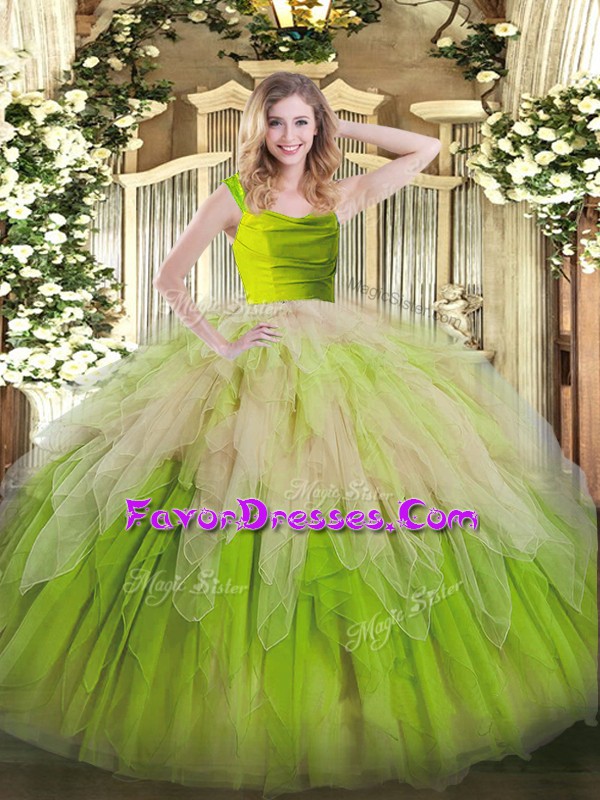 Noble Yellow Green Zipper Straps Lace and Ruffles Quinceanera Dresses Organza Sleeveless