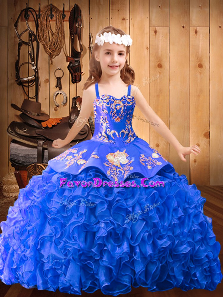  Blue Straps Lace Up Embroidery and Ruffles Pageant Dress Sweep Train Sleeveless