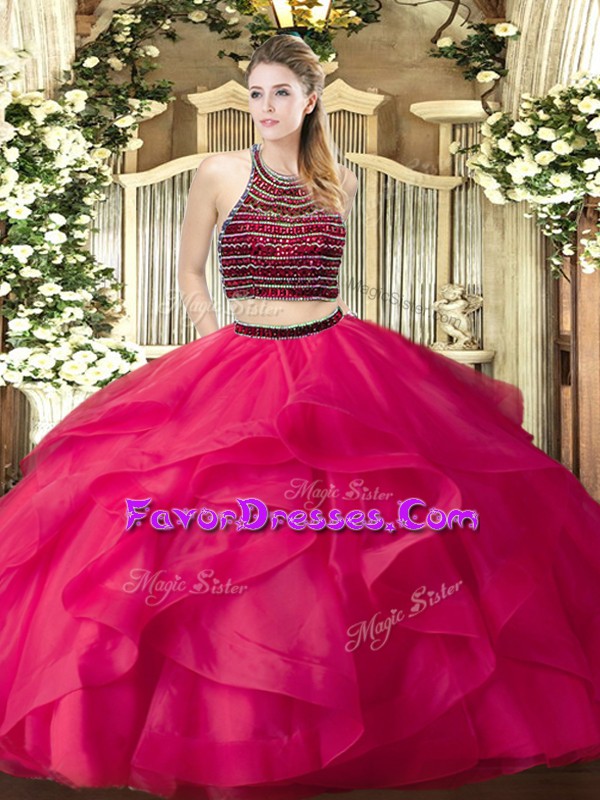 Gorgeous Hot Pink Sleeveless Beading and Ruffles Floor Length Sweet 16 Quinceanera Dress