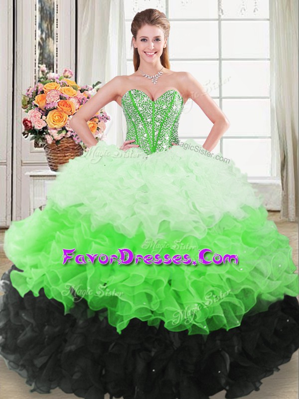 Unique Organza Sleeveless Floor Length 15th Birthday Dress and Beading and Ruffles