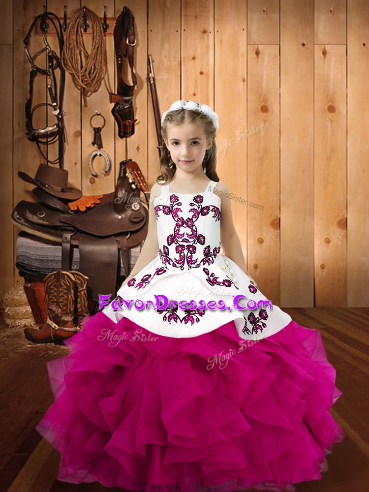  Fuchsia Little Girls Pageant Dress Sweet 16 and Quinceanera with Embroidery and Ruffles Straps Sleeveless Lace Up