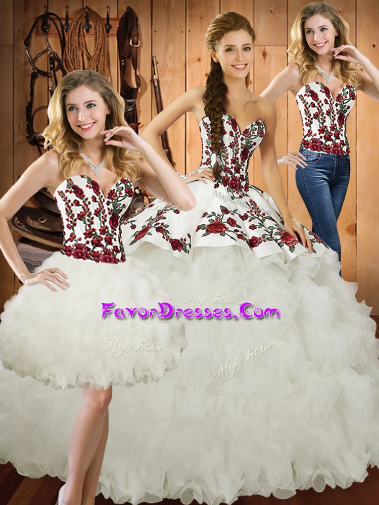  Embroidery and Ruffles 15 Quinceanera Dress White Lace Up Sleeveless Brush Train