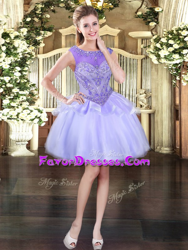  Lavender Organza Lace Up Scoop Sleeveless Mini Length Prom Party Dress Beading