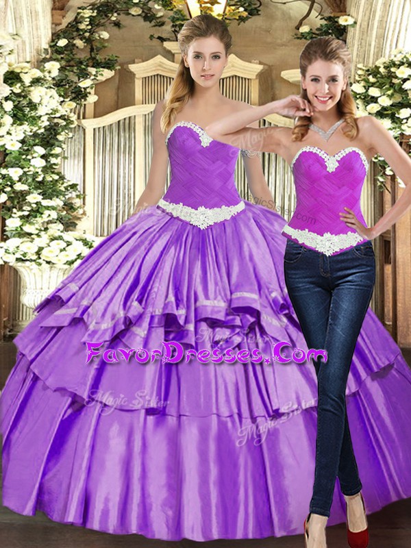  Eggplant Purple Sweetheart Neckline Appliques and Ruffles Quinceanera Gown Sleeveless Lace Up