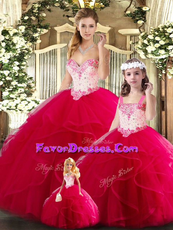  Red Ball Gowns Beading and Ruffles Quinceanera Dress Lace Up Tulle Sleeveless Floor Length