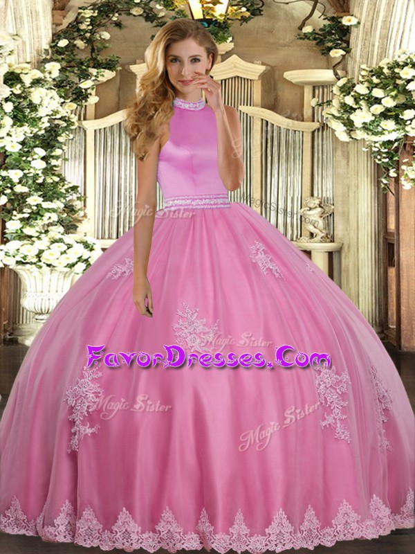 Luxurious Rose Pink Sleeveless Tulle Backless Ball Gown Prom Dress for Military Ball and Sweet 16 and Quinceanera