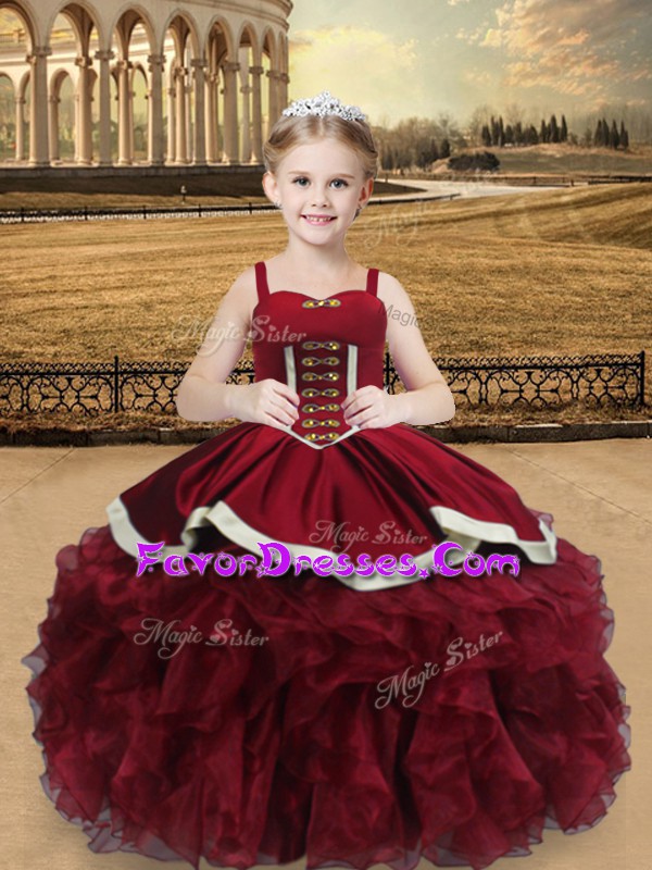  Floor Length Lace Up Pageant Dress Toddler Wine Red for Sweet 16 and Quinceanera with Beading and Ruffles