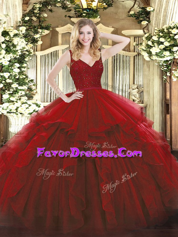 Beauteous Sleeveless Organza Floor Length Zipper Quinceanera Gown in Wine Red with Beading and Ruffles