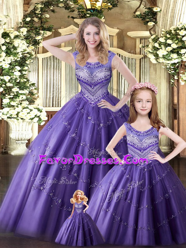 Custom Designed Eggplant Purple Sleeveless Tulle Lace Up Quince Ball Gowns for Military Ball and Sweet 16 and Quinceanera