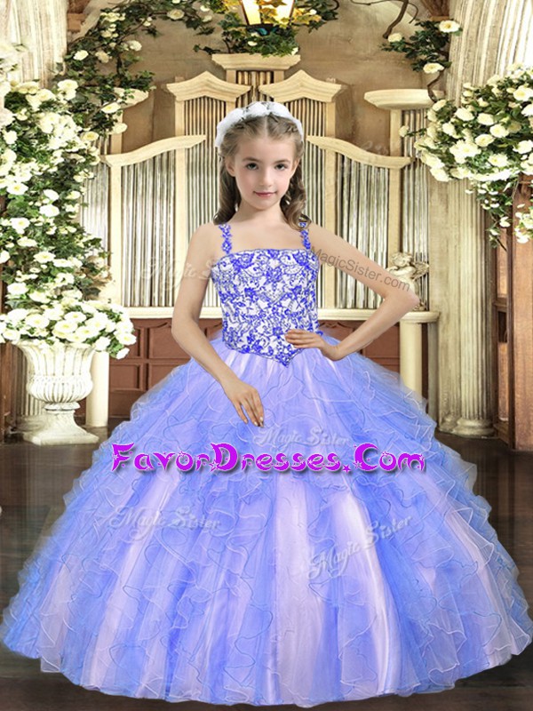  Sleeveless Floor Length Beading and Ruffles Lace Up Kids Formal Wear with Light Blue