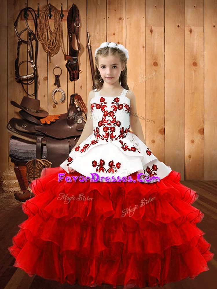 High Quality Red Lace Up Square Embroidery and Ruffled Layers Pageant Dress Organza Sleeveless