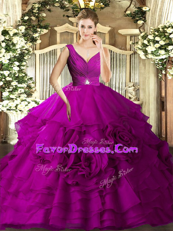 New Arrival Floor Length Backless Quinceanera Gown Fuchsia for Sweet 16 and Quinceanera with Beading and Ruffles