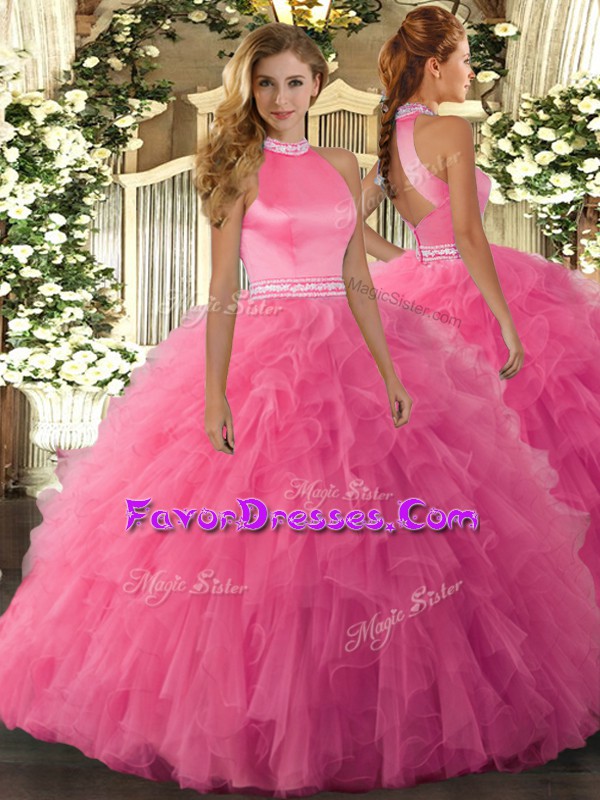  Hot Pink Sleeveless Organza Backless Sweet 16 Dress for Military Ball and Sweet 16 and Quinceanera