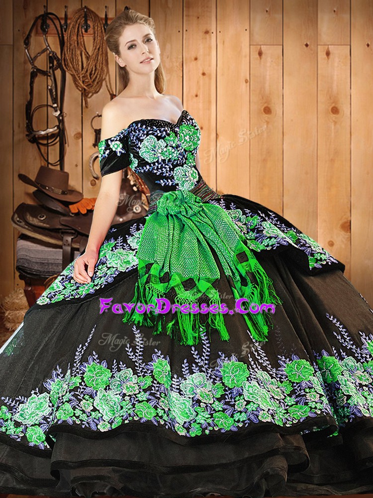 Trendy Black Off The Shoulder Neckline Embroidery and Hand Made Flower Quinceanera Gown Short Sleeves Lace Up