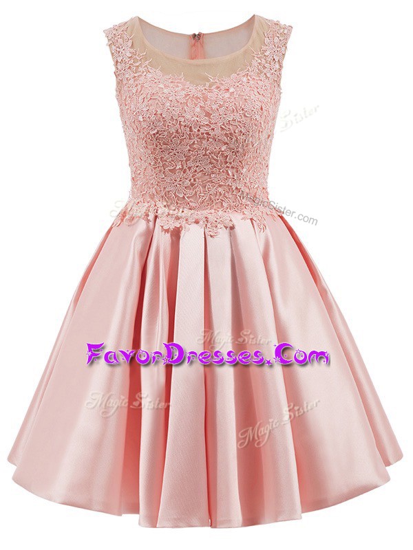  Mini Length Baby Pink Wedding Party Dress Satin Sleeveless Lace