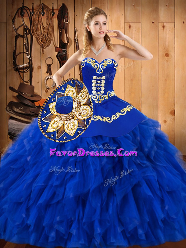  Blue Ball Gowns Satin and Organza Sweetheart Sleeveless Embroidery and Ruffles Floor Length Lace Up Quinceanera Dresses
