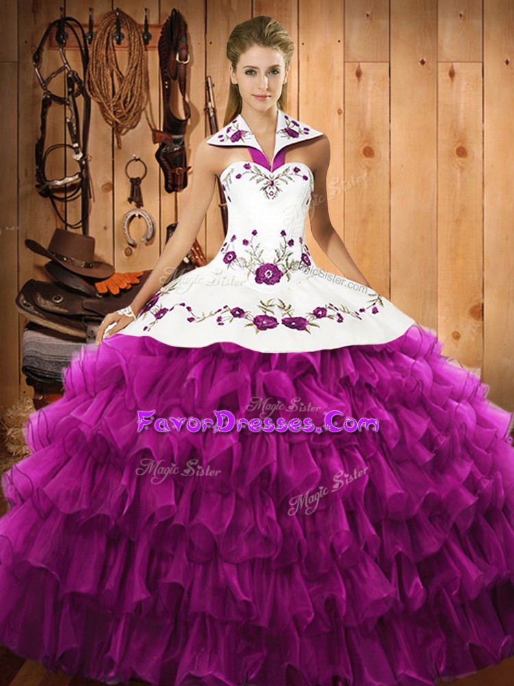  Fuchsia Ball Gowns Embroidery and Ruffled Layers 15th Birthday Dress Lace Up Satin and Organza Sleeveless Floor Length