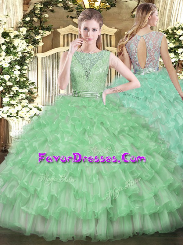  Apple Green Ball Gowns Tulle Scoop Sleeveless Beading and Ruffled Layers Floor Length Backless Quince Ball Gowns