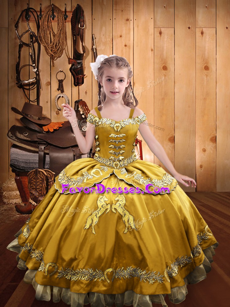  Floor Length Gold Little Girls Pageant Gowns Off The Shoulder Sleeveless Lace Up