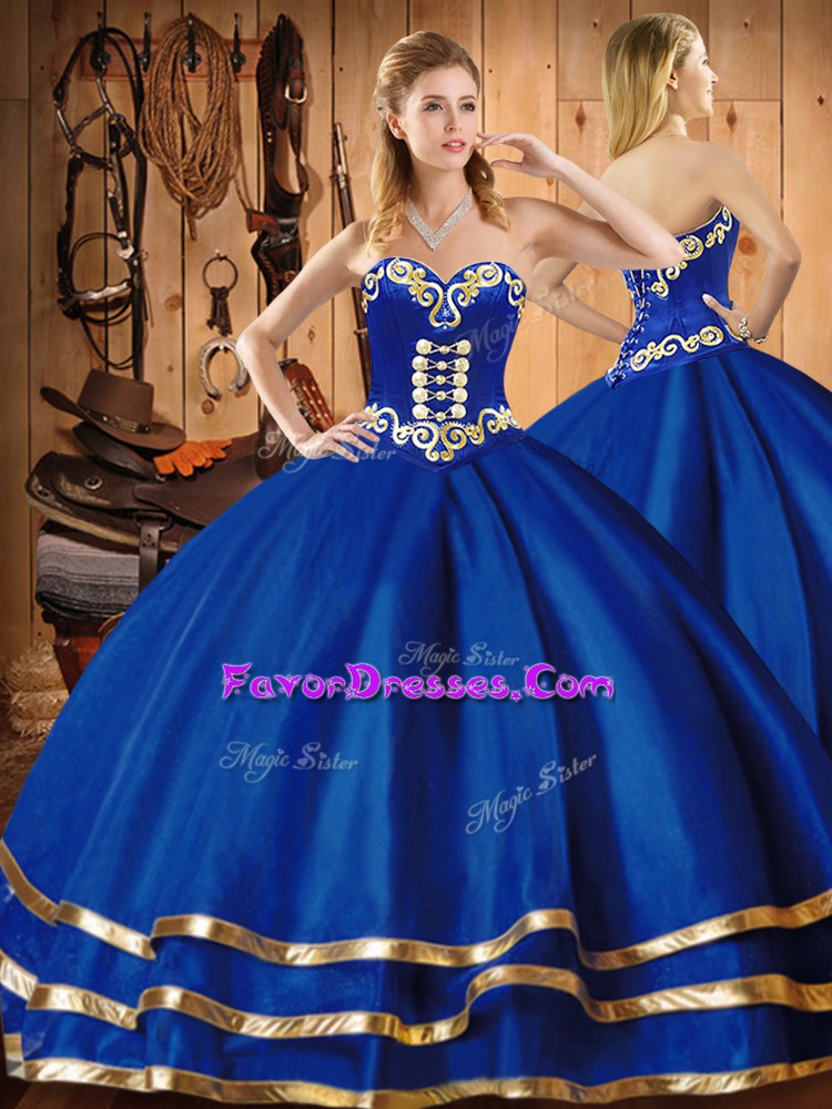 Exquisite Sleeveless Floor Length Embroidery Lace Up Quinceanera Dresses with Blue