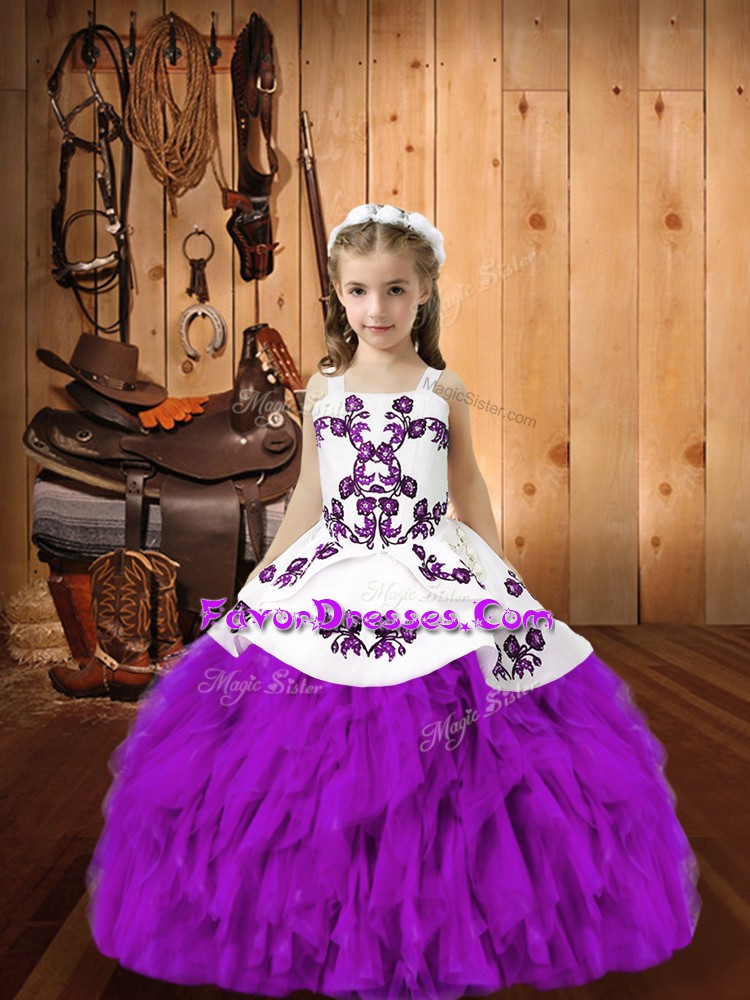 Fancy Straps Sleeveless Lace Up Child Pageant Dress Eggplant Purple Organza