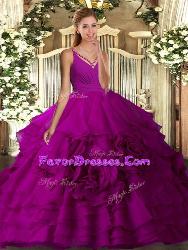 Comfortable Floor Length Ball Gowns Sleeveless Fuchsia Quinceanera Gowns Backless