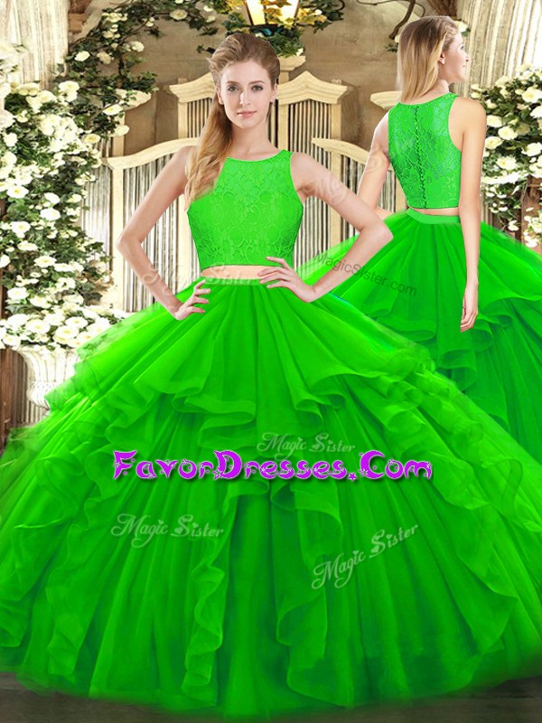  Green Two Pieces Ruffles Sweet 16 Dresses Zipper Tulle Sleeveless Floor Length